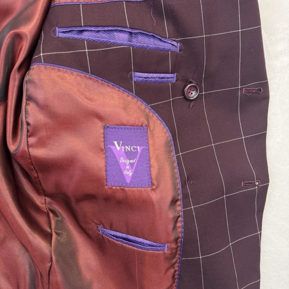 Designed‎ in Italy Mens Burgundy Windowpane Double Breasted Blazer Jacket 42R